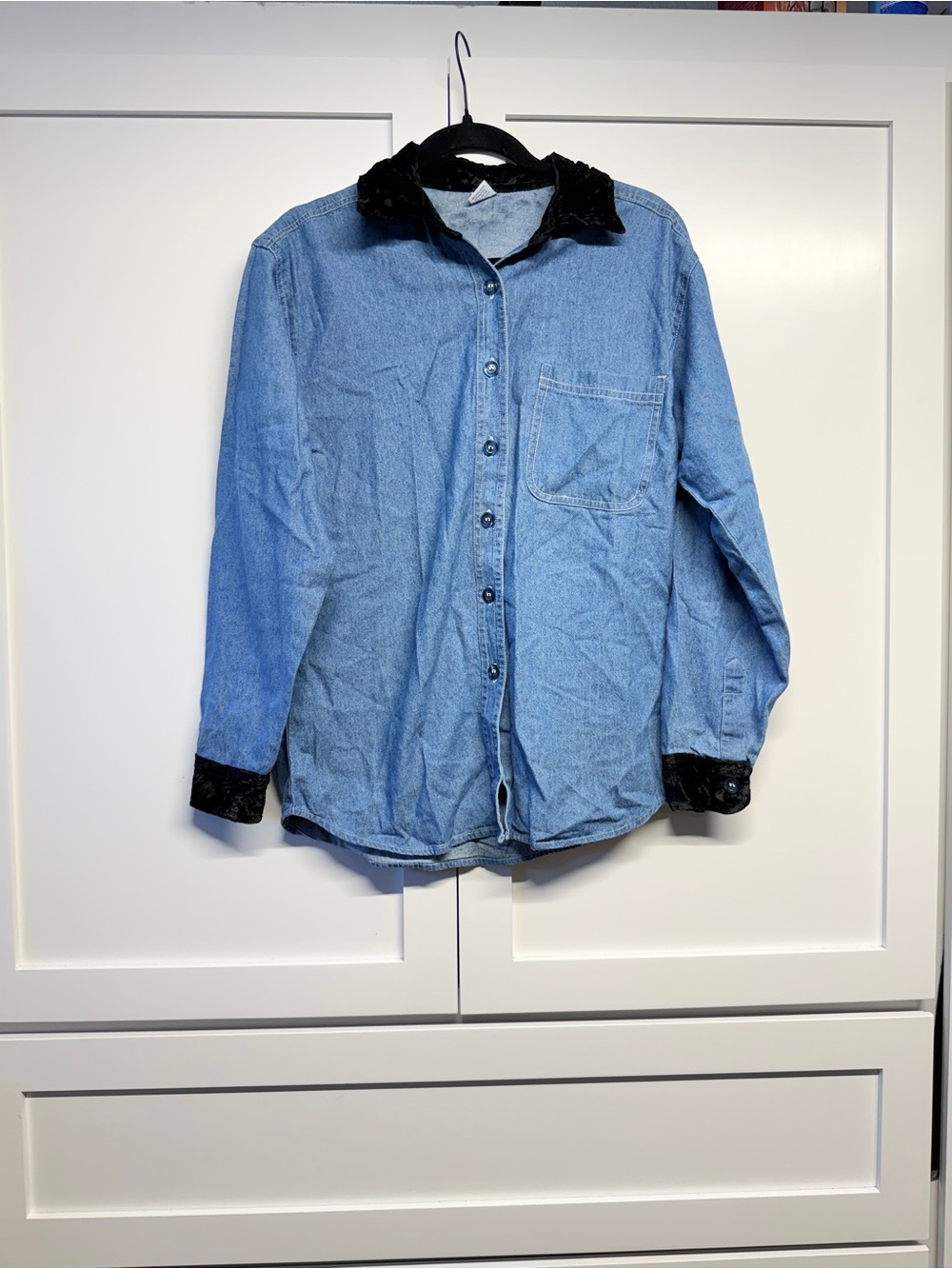 Women’s Light Blue Denim Button-Down Shirt with Black Velvet Trim